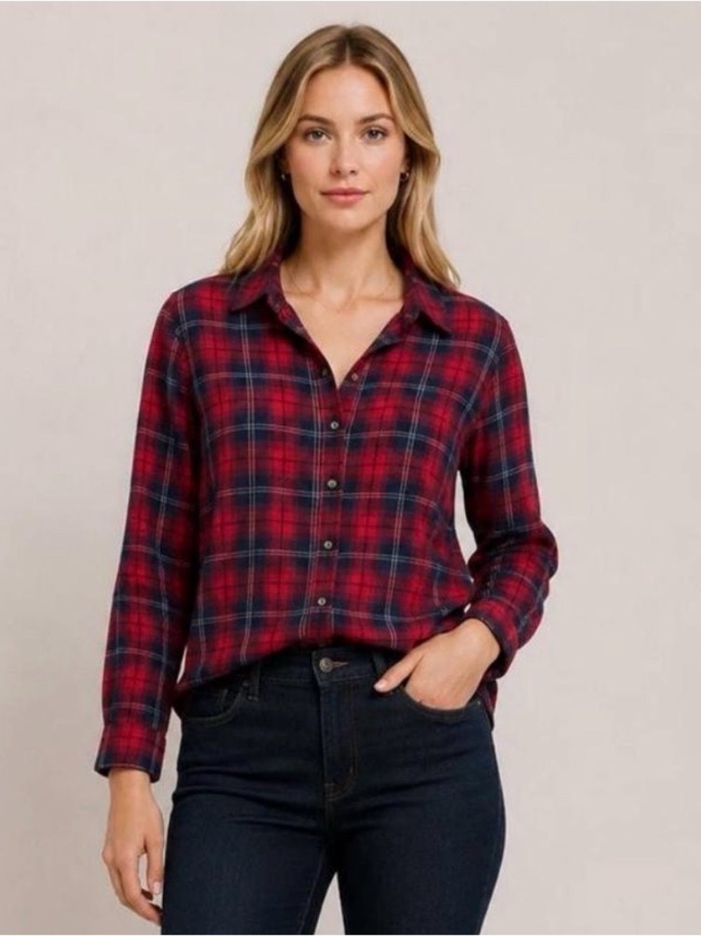 Jachs Girlfriend Womens Sz M Red Navy Blue Plaid Flannel Button Up Shirt Pockets